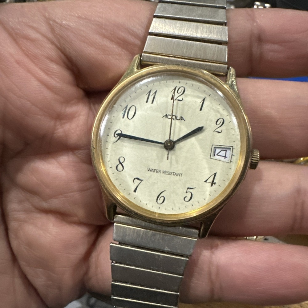 Vintage Acqua Manual Wind Mens Watch Date White Dial Gold Tone 34mm Swiss Movt